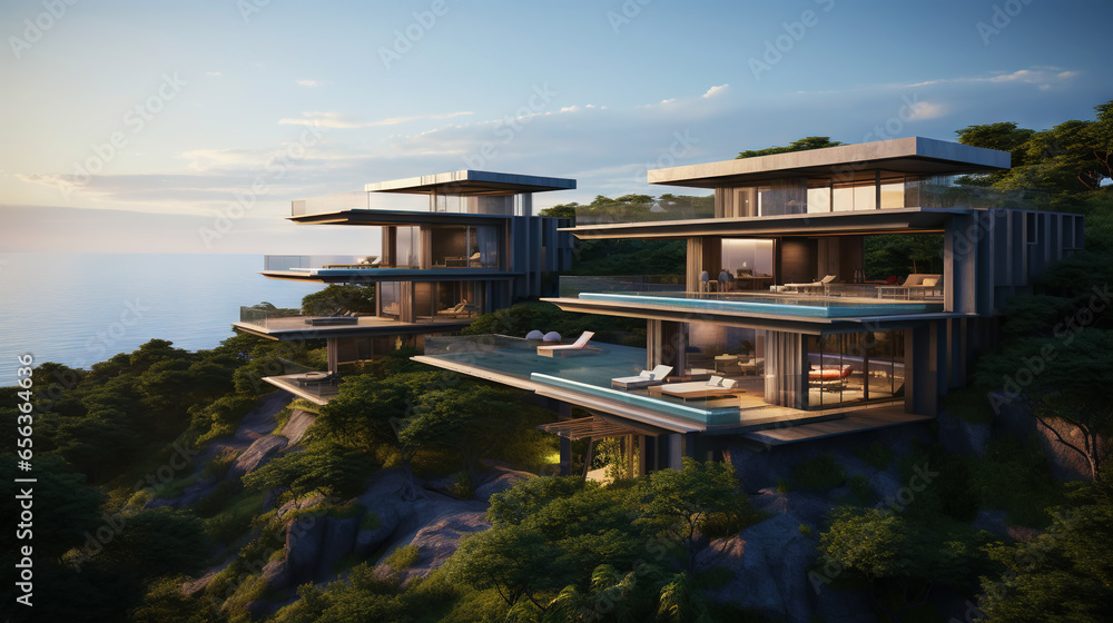 Luxury contemporaty villa on a mountain hill with a view on ocean. Generative AI