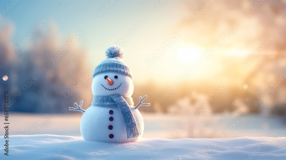 Snowman in winter forest at sunset. Christmas and New Year background.