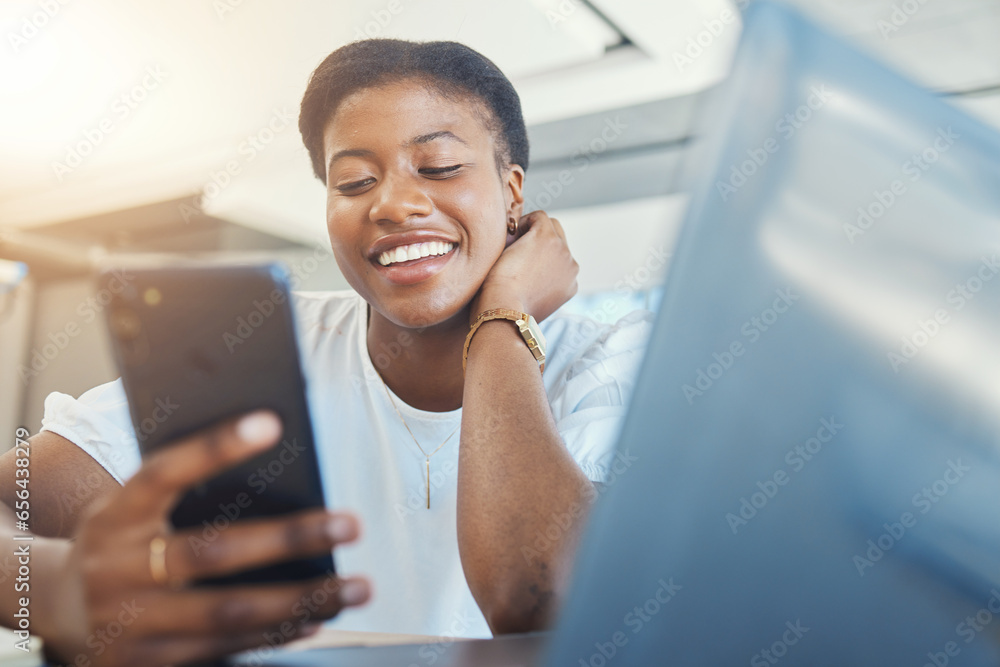 Phone, office and happy business woman with laptop on break for social media, internet and online chat. Corporate, workplace and person on smartphone and computer for website, research and networking