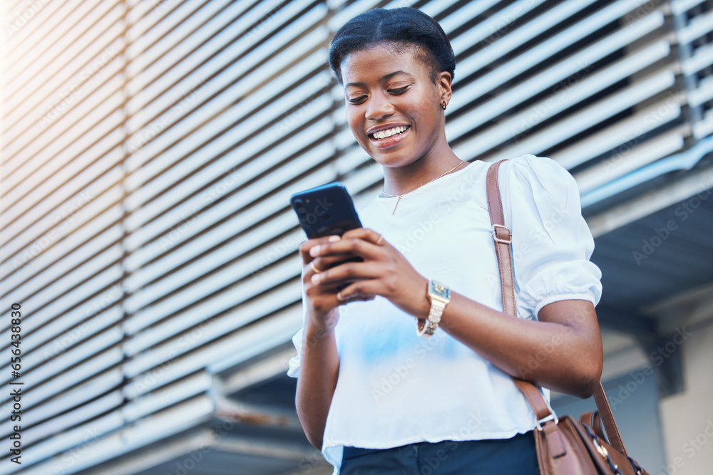 Cellphone, walking and young woman in the city networking on social media, mobile app or the internet. Happy, technology and African female person scroll on a phone and commuting in urban town street