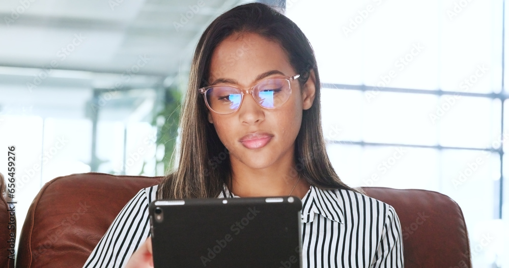 Business, office and woman with tablet, online reading and network with email notification, research and internet. Productivity, person or employee with tech, working or typing with website info