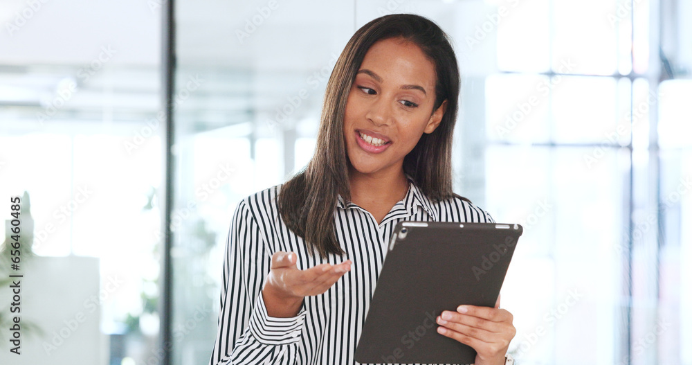 Professional woman, video call and tablet for online meeting, human resources communication or networking in office. African worker or HR employee talking or digital advice, business or virtual chat