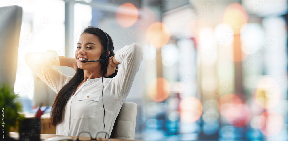 Happy woman, call center and relax on break in customer service, support or telemarketing on bokeh background. Calm female person, consultant or agent with hands behind head for online advice or help