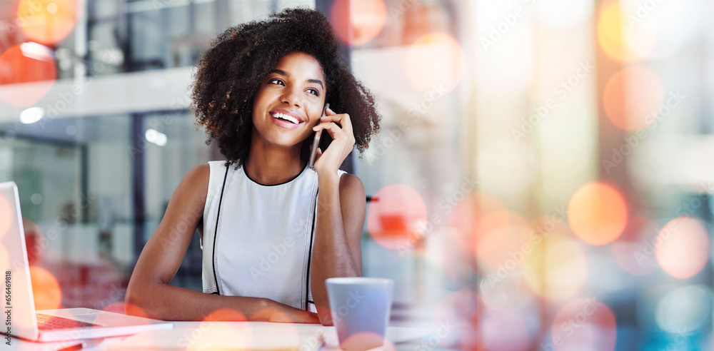 Phone call, bokeh and business woman in office in discussion for b2b deal, agreement or merge. Technology, smile and professional African female hr on mobile conversation with cellphone in workplace.