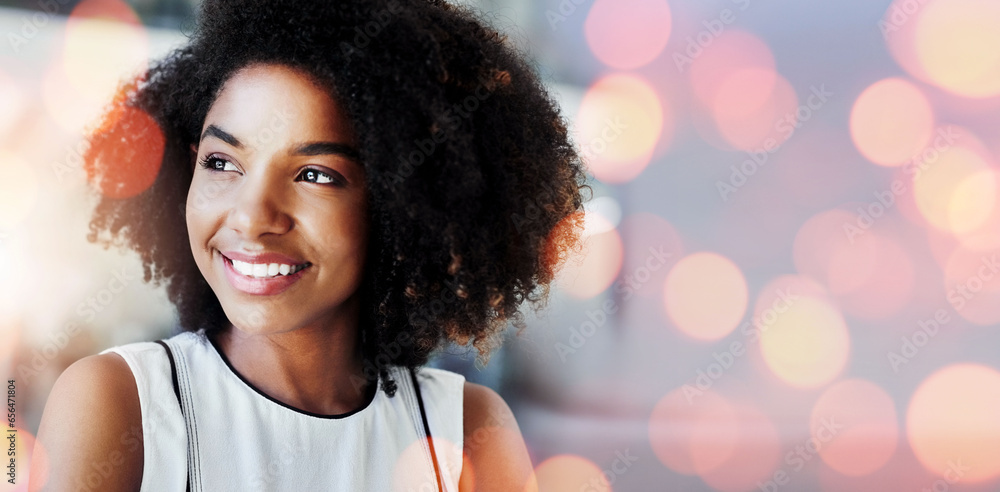 Bokeh, thinking and woman with a smile, business and opportunity with planning, solution and problem solving. Person, happy worker and consultant with overlay, brainstorming and decision with choice