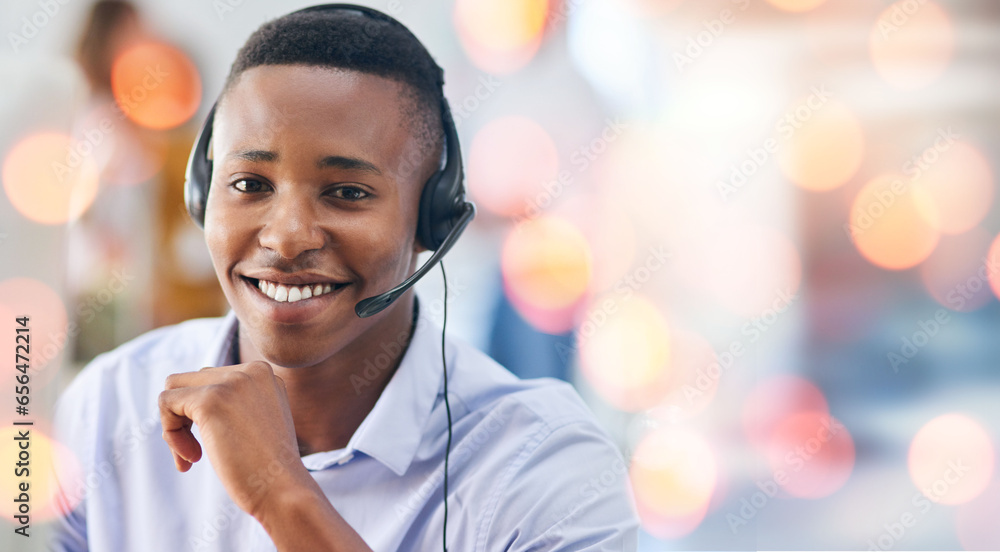 Customer service, portrait and man in office with bokeh for crm telemarketing consultation. Mockup space, contact us and professional young African male call center agent with headset in workplace.