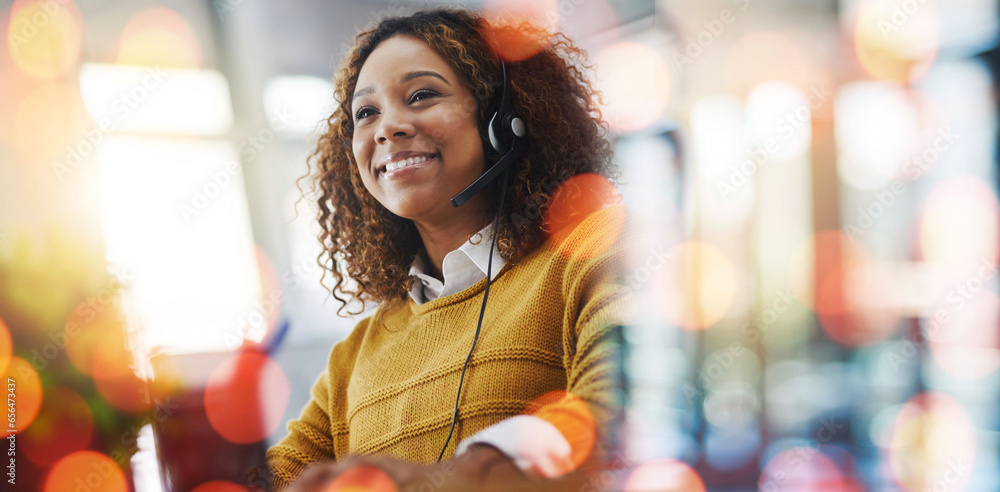 Happy woman, call center and customer service on bokeh background for telemarketing or online advice at office. Female person, consultant or agent smile for virtual assistance, help or support