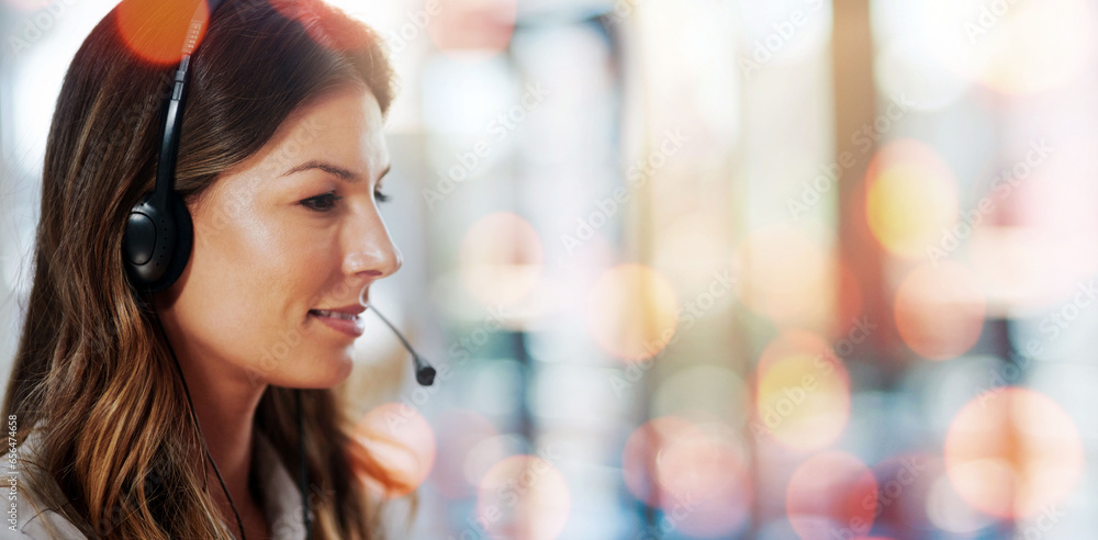 Call center, customer support and woman in office with bokeh for crm telemarketing consultation. Mockup space, contact us and professional female technical service agent from Australia in workplace.