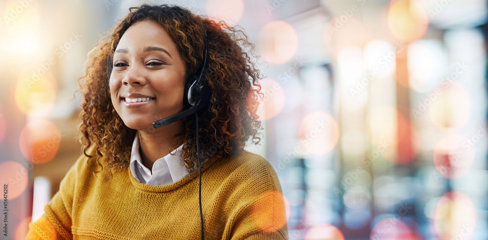 Call center, business woman and happy from web support conversation with crm and telemarketing work in office. Mockup space, discussion and customer service with contact us help and communication