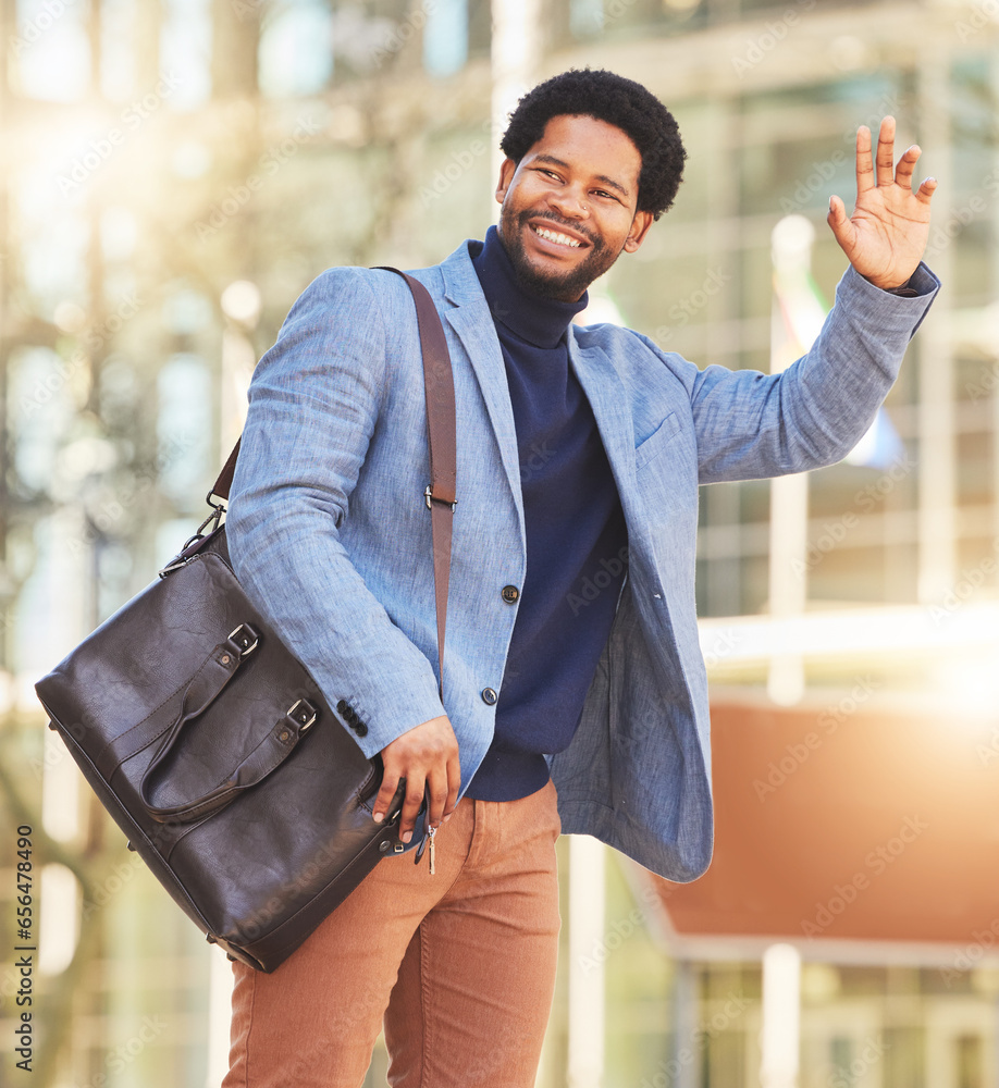 Hand, wave and man in city for taxi, transportation commute travel on street in cbd for business, office or buildings. Businessman, sign and call attention of cab, driver and vehicle service in town