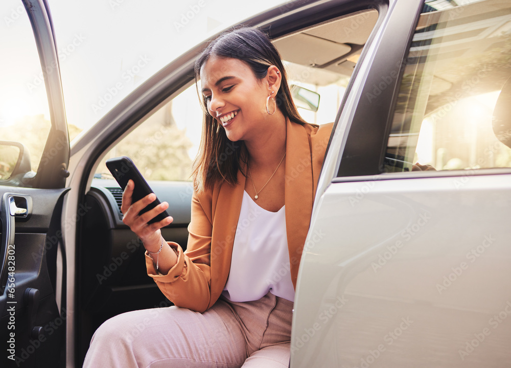 Phone, car and business woman in city for morning commute, travel and journey to work. Professional, gps app and person in motor vehicle on smartphone for social media, website and communication