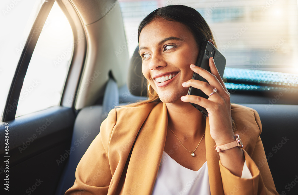 Woman, phone and call on commute in car for business meeting, work or travel. Passenger, person or manager in taxi for transport, drive and alone with technology for telecom, schedule or calendar