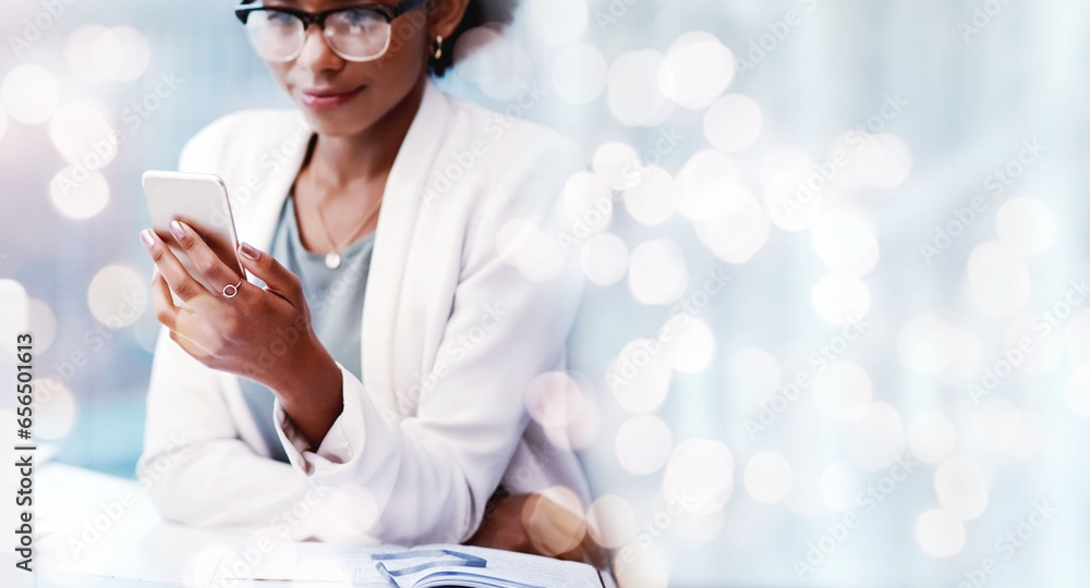 Bokeh, mockup and woman in office with phone, scroll and online research for startup business info. Thinking, ideas and businesswoman at desk with smartphone, website and app at digital agency space.