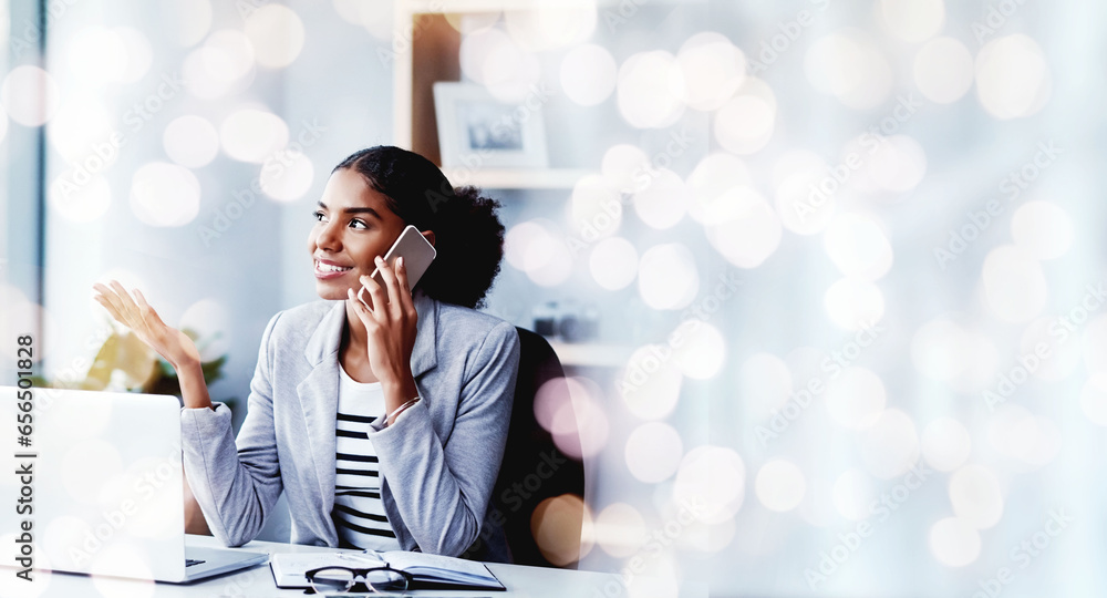 Bokeh, phone call and black woman in business office, communication and mobile conversation. Smartphone, chat and happy consultant listening to discussion, news and negotiation at table in company