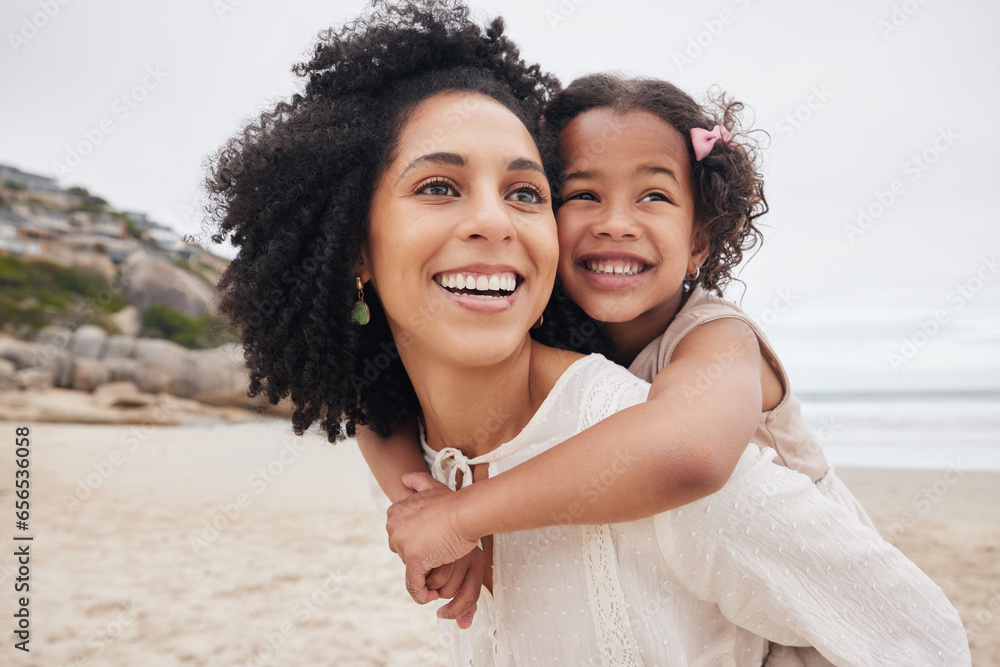 Beach, piggyback or happy mother with child in nature to enjoy a family holiday vacation in New Zealand. Travel, hug or proud mom at sea or ocean with smile, kid or girl to relax or bond together