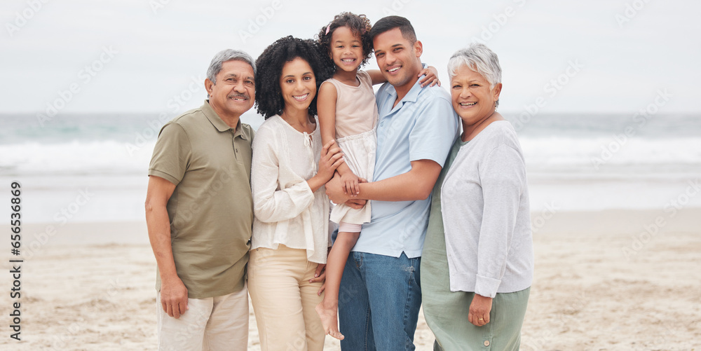 Portrait, smile and big family at beach outdoor on holiday, vacation and travel together. Happy grandparents, parents and child at ocean bonding, care and connection of father, mother and kid at sea