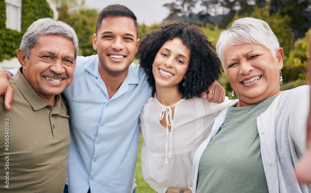 Happy family, children and parents with selfie in garden for love, hug and happiness at home or house. Profile picture, men and women outdoor in nature for relax, memory or bond on weekend with smile