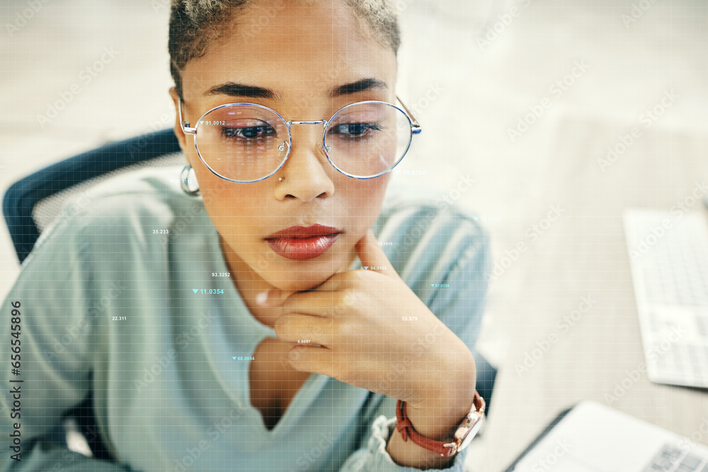 Thinking, programmer and woman with code, reflection and connection with planning, stock market and investment. Person, trade and employee with glasses, hologram and overlay with data and finance