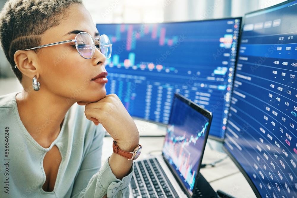 Woman, thinking at computer screen with trading, dashboard and financial information with investment and trader. Stock market stats, finance and data analysis with cryptocurrency and numbers chart