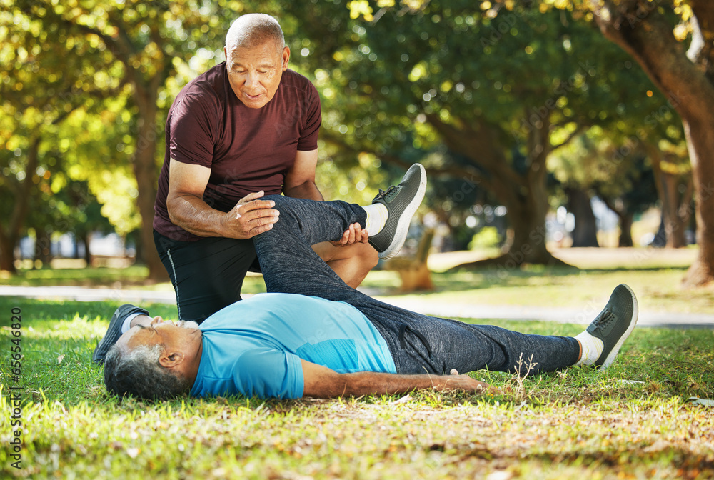 Leg, park and men for fitness physiotherapy, support or help with exercise. Wellness, training and senior coach with an elderly athlete for a warm up on the grass for sports or rehabilitation