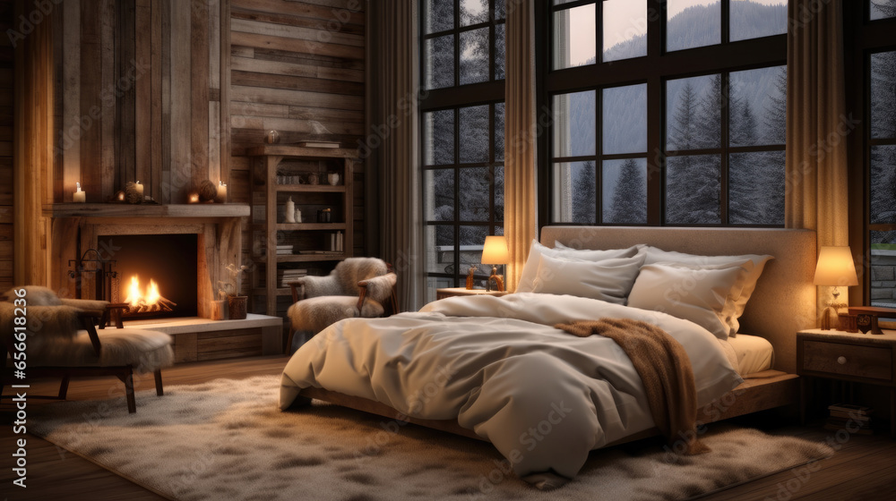 A wooden bedroom with a fireplace.