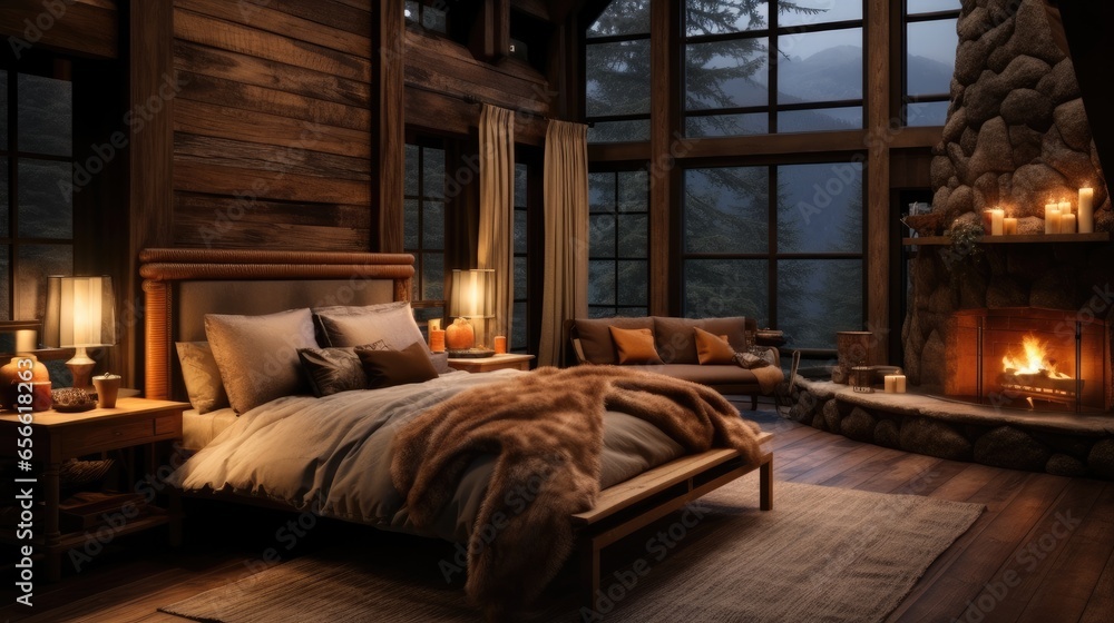 A wooden bedroom with a fireplace.