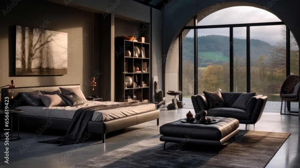 Black design bedroom with sofa.