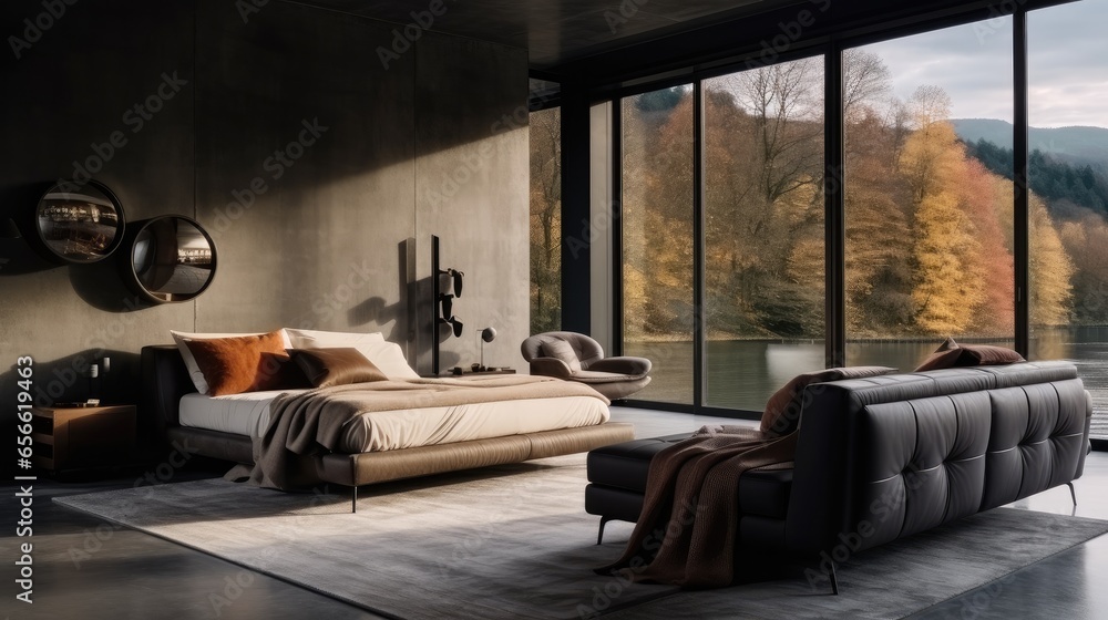 Black design bedroom with sofa.