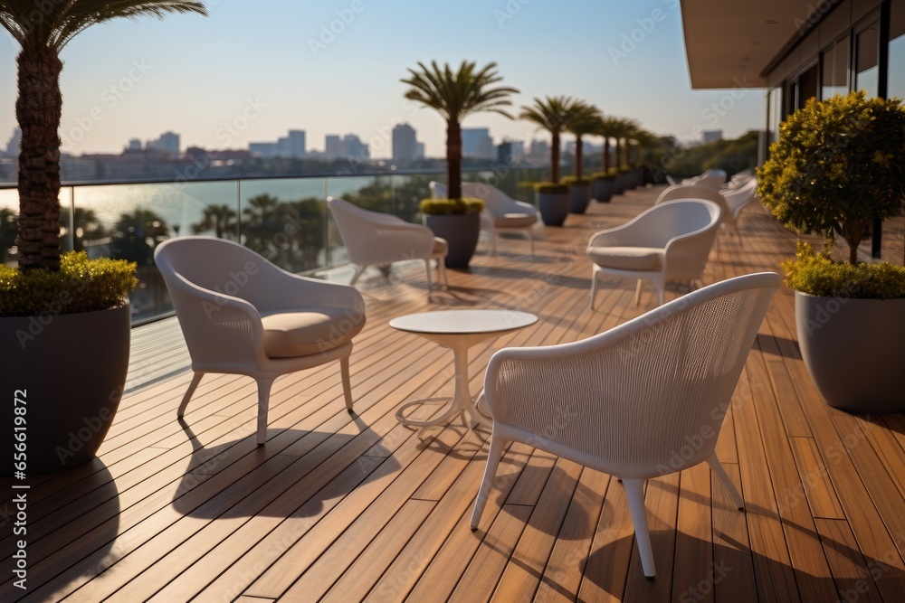 Chair and table on teak decking flooring outside a robby hotel.