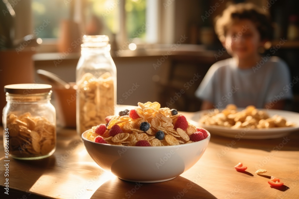 Healthy breakfast cereal on table in kitchen.