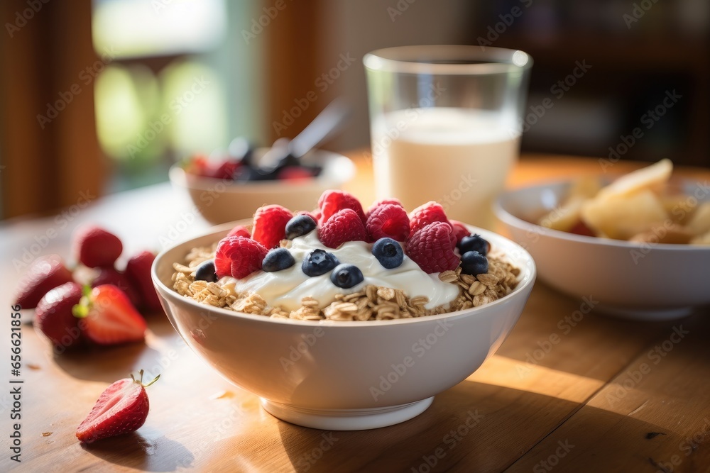 Healthy breakfast cereal on table in kitchen.