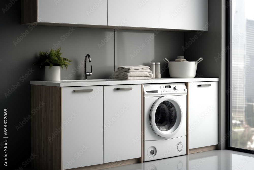 Laundry machine with cabinet in home, Minimalist panel-style.