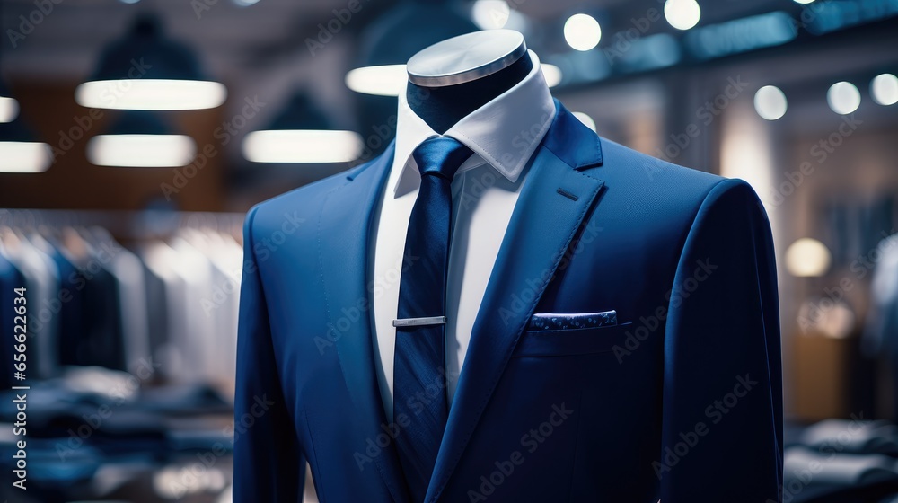 Dark blue suits on a mannequin in the atelier.