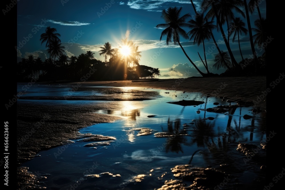 Palm tree on a white beach in sea at night.