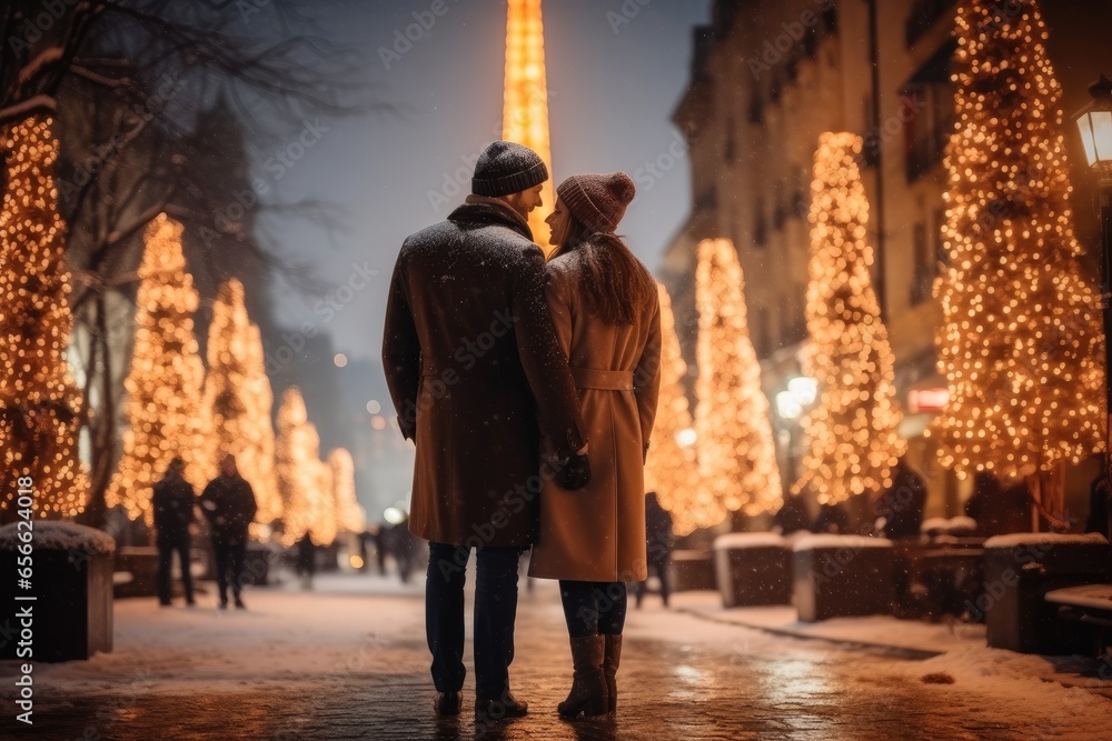 Couple standing next to a Christmas tree in the city street, snow in the city square, Christmas market.