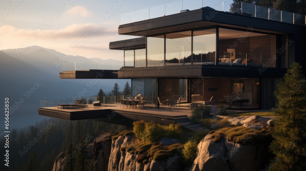 The high-altitude guest house above the cliff with transparent glass Windows.