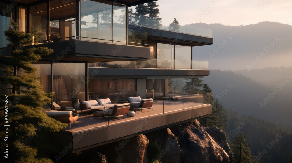 The high-altitude guest house above the cliff with transparent glass Windows.