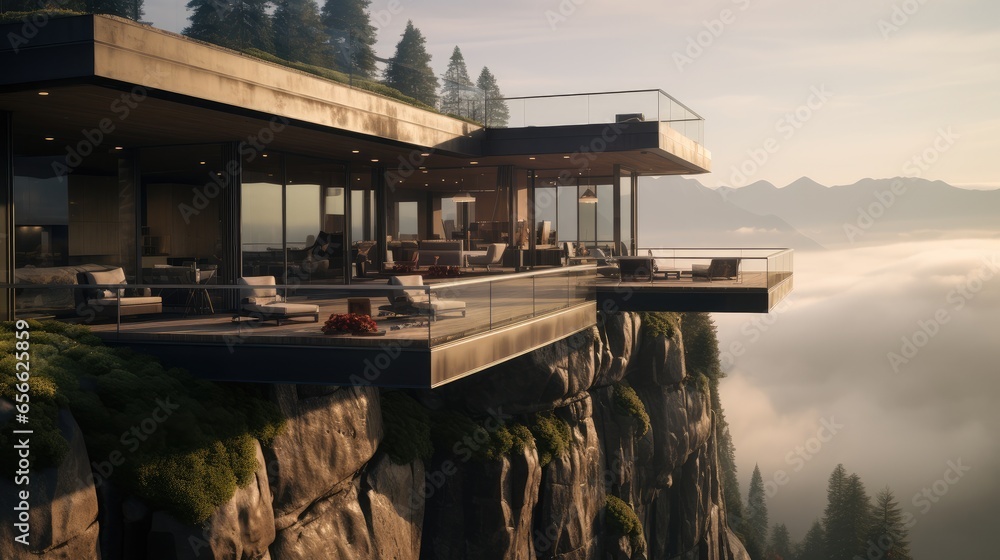 The high-altitude guest house above the cliff with transparent glass Windows.