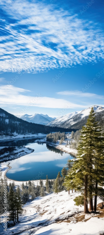 Winter wonderland: Snowy landscape, mountains, and frozen lakes.