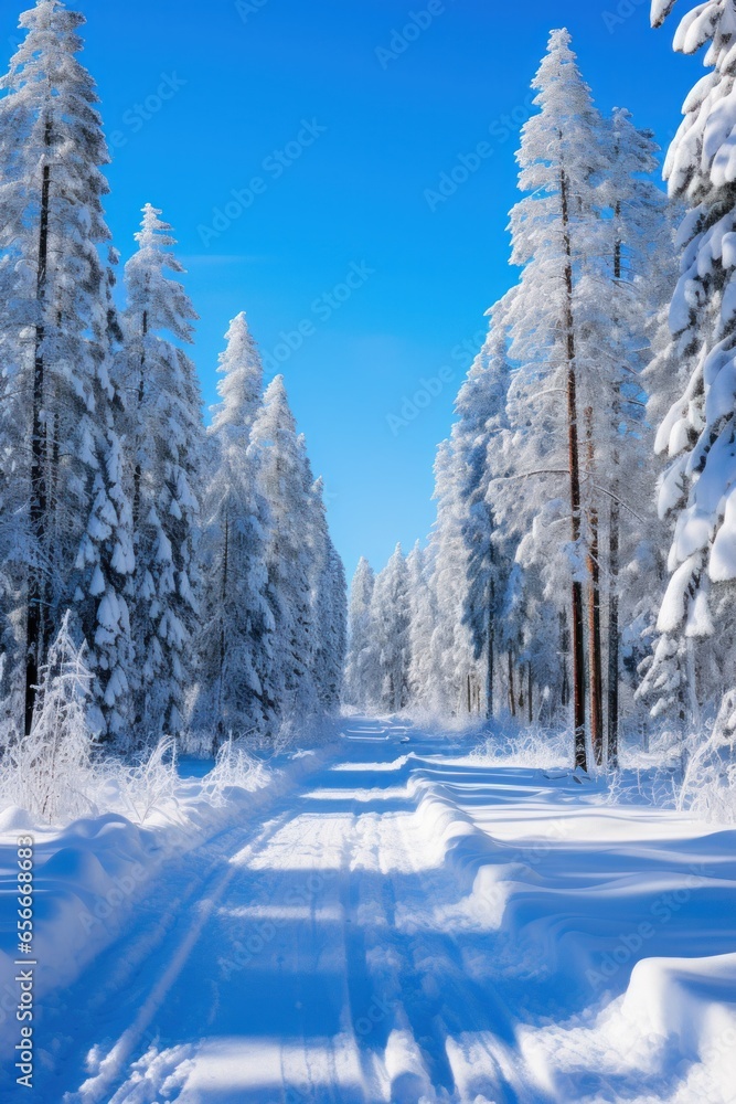 Snowy forest: Tall trees, snow-covered ground, and blue sky