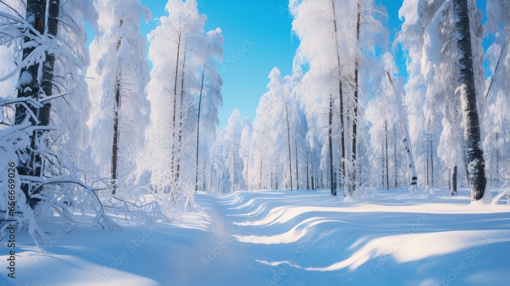 Snowy forest: Tall trees, snow-covered ground, and blue sky