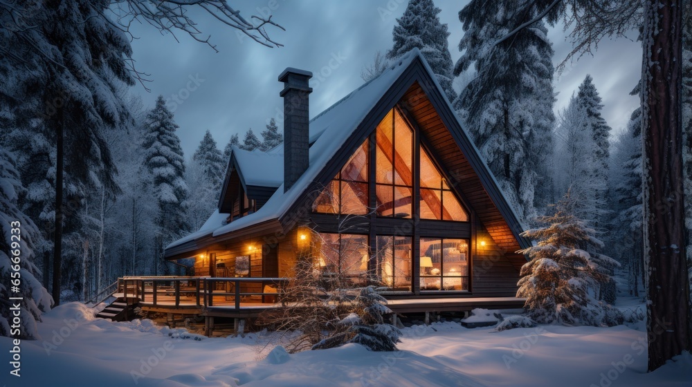 Cozy cabin surrounded by winter forest