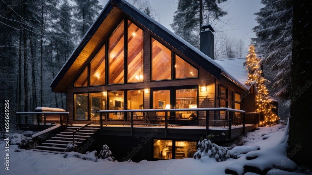 Cozy cabin surrounded by winter forest