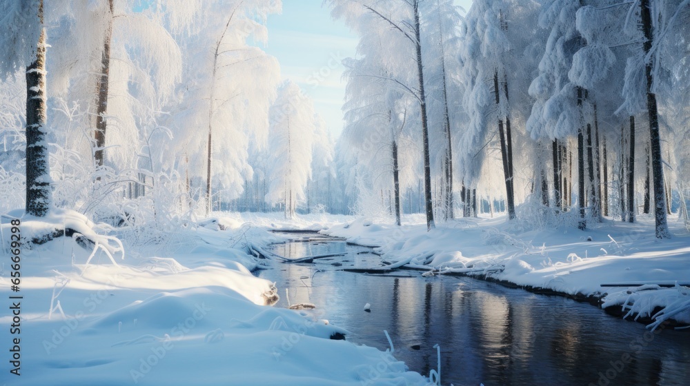 Snowy forest: Tall trees, snow-covered ground, and blue sky