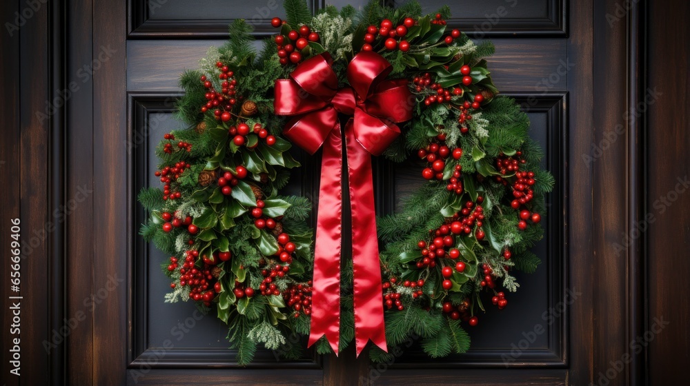 Festive wreath: Green leaves, red berries, and a bright red bow