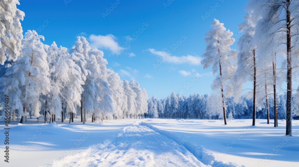 Snowy forest: Tall trees, snow-covered ground, and blue sky