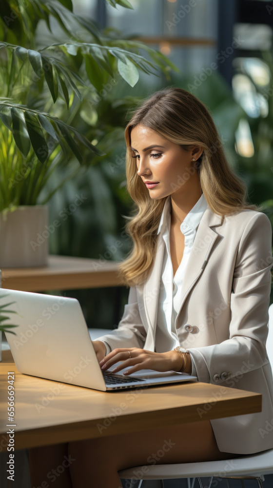 Young businesswoman typing on laptop, seated at modern office desk