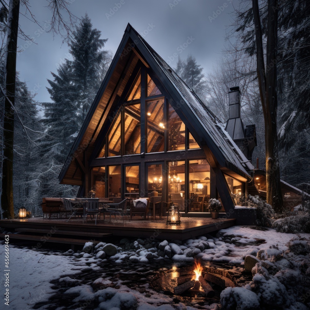 Cozy cabin surrounded by winter forest