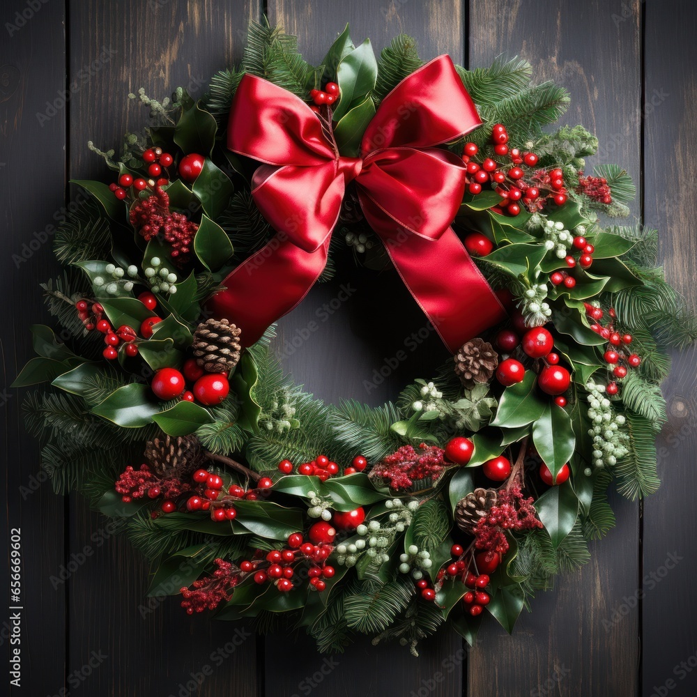 Festive wreath: Green leaves, red berries, and a bright red bow