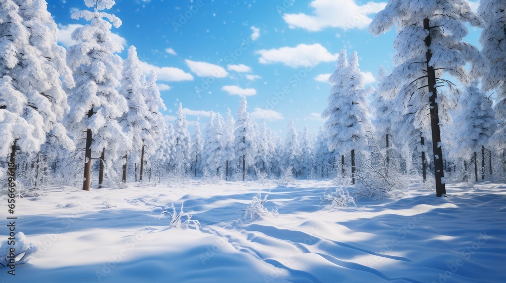 Snowy forest: Tall trees, snow-covered ground, and blue sky